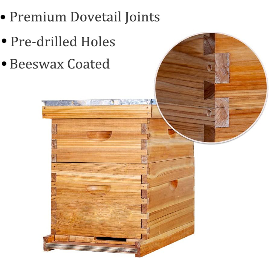 Product Description Beeswax Coated - The exterior of beehive are beeswax coated, which made beehive waterproof and more durable. Premium Design - The beehive was made of premium and solid wood. The wooden frames was made of pine wood. A pre-assembled and waterproof metal top cover and wax coated hive body helps keep the interior dry. Easy to Assemble - This beehive was very simple to put together. They have pre-drilled holes and pre-cut dovetail joints that fit together easily. Both the bee box and honeycomb frame are designed with dovetail joints for easy installation.