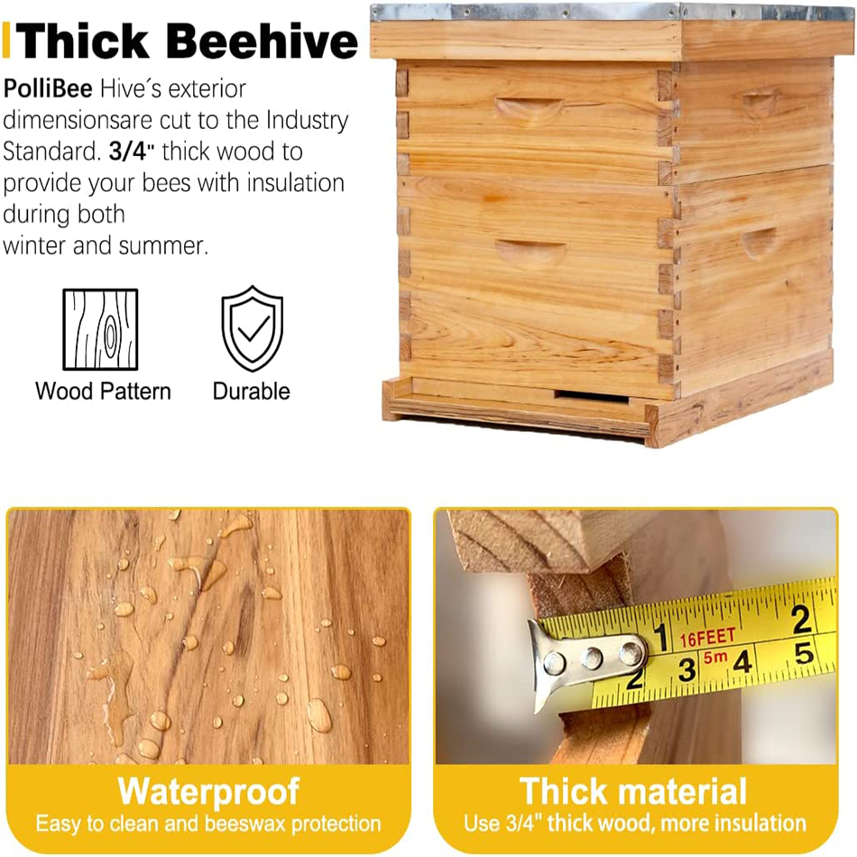 Product Description Beeswax Coated - The exterior of beehive are beeswax coated, which made beehive waterproof and more durable. Premium Design - The beehive was made of premium and solid wood. The wooden frames was made of pine wood. A pre-assembled and waterproof metal top cover and wax coated hive body helps keep the interior dry. Easy to Assemble - This beehive was very simple to put together. They have pre-drilled holes and pre-cut dovetail joints that fit together easily. Both the bee box and honeycomb frame are designed with dovetail joints for easy installation.